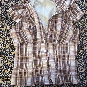Brown Plaid Button-Up Blouse